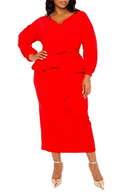 BUXOM COUTURE Convertible Shoulder Belted Peplum Midi Dress Red at Nordstrom, X