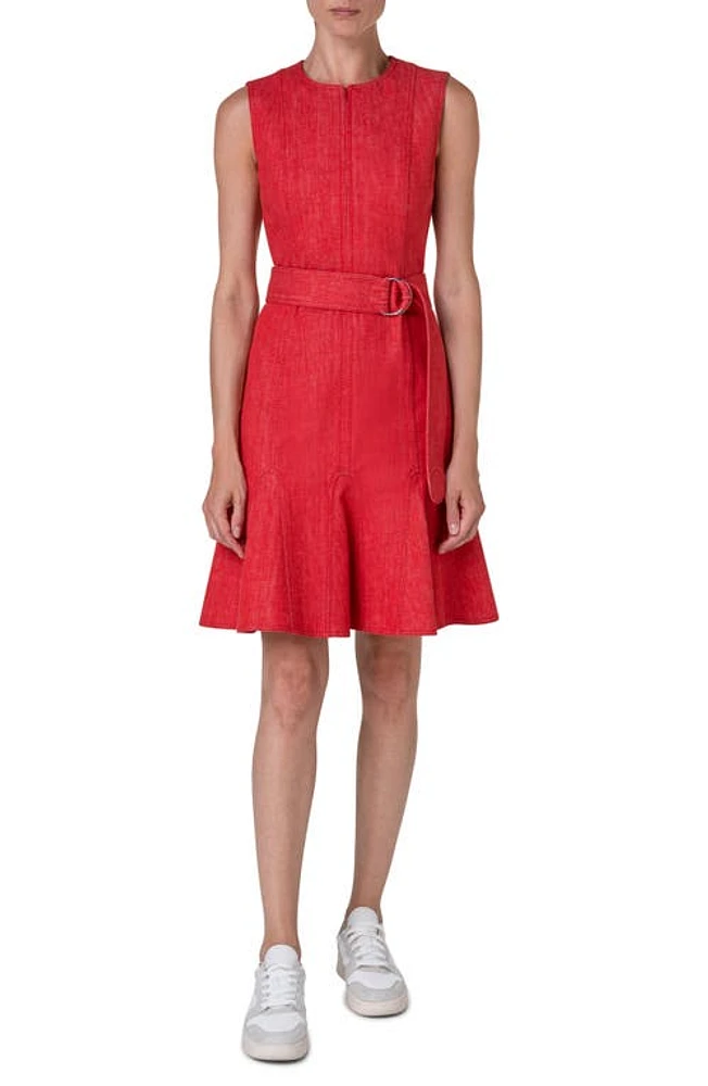 Akris punto Belted Sleeveless Denim Dress Red at Nordstrom,