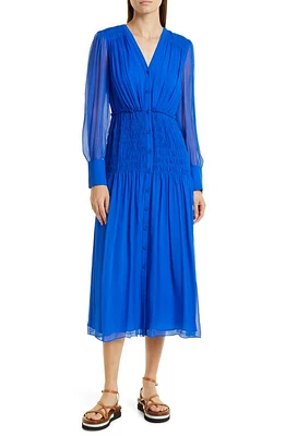 JASON WU Smocked Waist Long Sleeve SIlk Chiffon Midi Dress Electric Blue at Nordstrom,