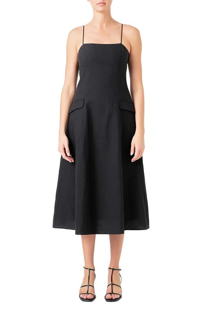 Endless Rose Cotton & Linen Blend Midi Dress Black at Nordstrom,