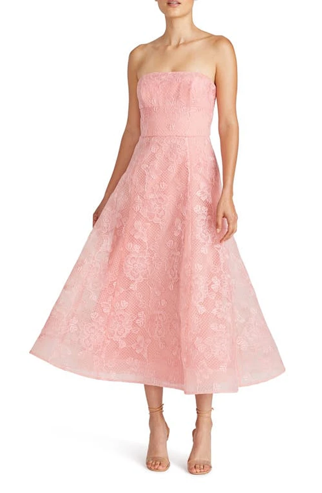 ML Monique Lhuillier Louisa Lace Strapless A-line Midi Cocktail Dress Coral Rose at Nordstrom,