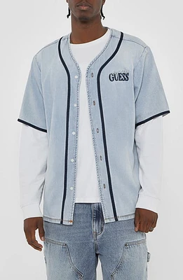 GUESS JEANS Go Denim Button-Up Baseball Shirt Blue H70P at Nordstrom,