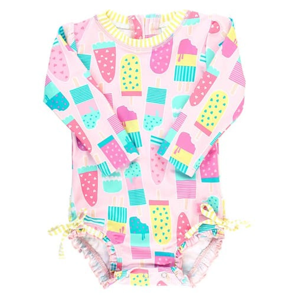 RuffleButts Girls Long Sleeve UPF50+ One Piece Rash Guard in Ice Cream Social at Nordstrom