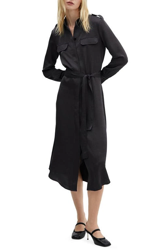 MANGO Jana Long Sleeve Textured Satin Midi Shirtdress Deep Dark Blue at Nordstrom,