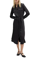 MANGO Jana Long Sleeve Textured Satin Midi Shirtdress Deep Dark Blue at Nordstrom,