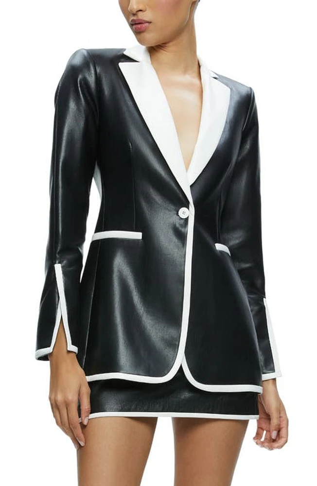 Alice + Olivia Breann Contrast Trim Fitted Faux Leather Blazer in Black/Off White at Nordstrom, Size 2