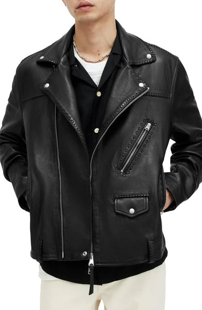 AllSaints Warner Relaxed Fit Whipstitch Leather Biker Jacket Black at Nordstrom,