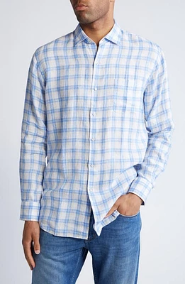 Peter Millar Edisto Check Linen Button-Up Shirt Cottage Blue at Nordstrom,