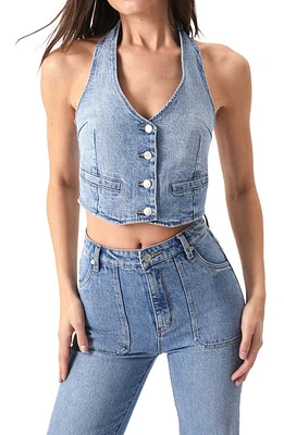 Rolla's Denim Stretch Organic Cotton Halter Top Mid Blue at Nordstrom,