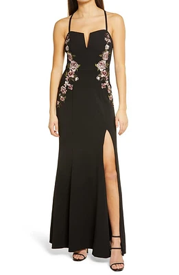 Speechless Rose Appliqué Crepe Gown Black at Nordstrom,