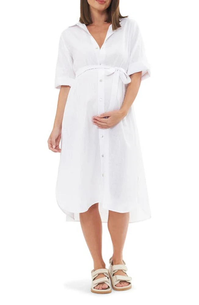 Ripe Maternity Joyce Belted Linen Blend Midi Shirtdress White at Nordstrom,