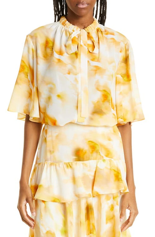 JASON WU Tie Neck Flutter Sleeve Silk Blouse in Honey Multi at Nordstrom, Size 4