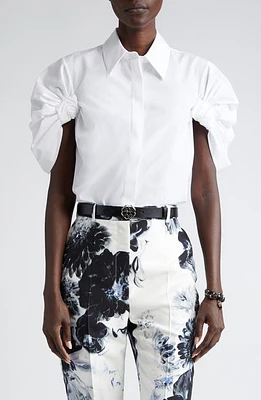 Alexander McQueen Knotted Sleeve Cotton Poplin Button-Up Shirt Optical White at Nordstrom, Us