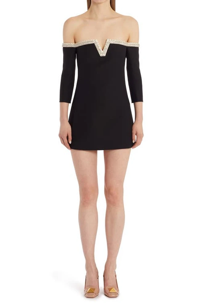 Valentino Garavani Beaded Off the Shoulder Wool & Silk Crepe Dress Nero/avorio at Nordstrom, Us