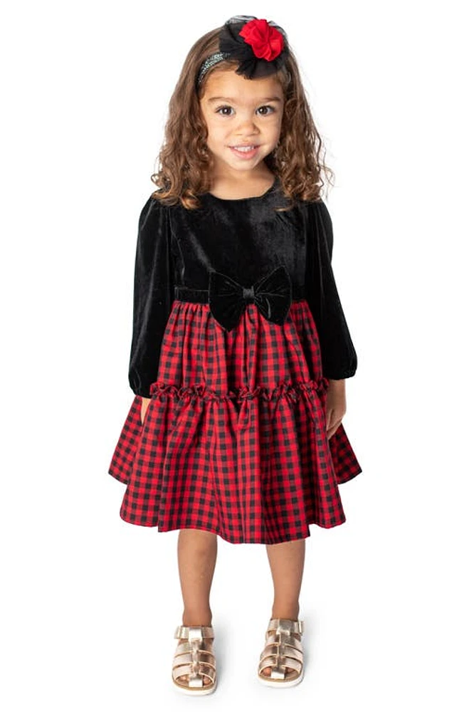 Popatu Kids' Check Long Sleeve Velvet Bodice Tiered Dress Black/Red at Nordstrom,