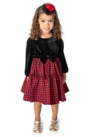 Popatu Kids' Check Long Sleeve Velvet Bodice Tiered Dress Black/Red at Nordstrom,