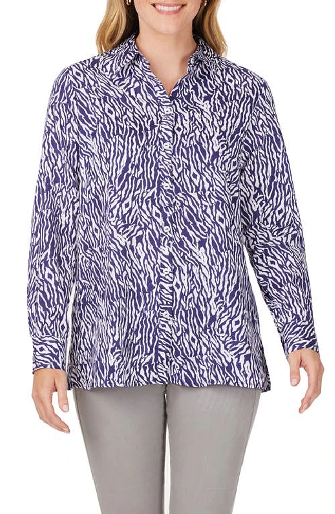 Foxcroft Journey Zebra Print Button-Up Shirt Navy Multi at Nordstrom,