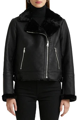 Lauren Ralph Nappa Faux Leather Moto Jacket with Shearling Lining Black at Nordstrom,