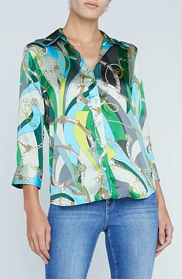 L'AGENCE Dani Mixed Print Silk Button-Up Shirt Sea Green Multi Belt Swirl at Nordstrom,