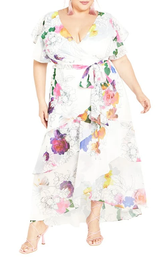 City Chic Margot Belted Chiffon Maxi Dress Bright Romance Floral at