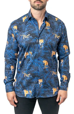 Maceoo Fibonacci Tiger Palm Contemporary Fit Button-Up Shirt Blue at Nordstrom,