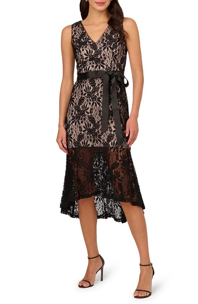 Adrianna Papell Lace Flounce Hem Dress Black at Nordstrom,