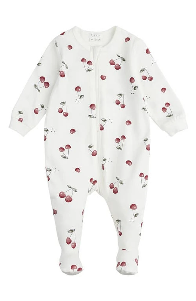 FIRSTS by Petit Lem Cherry Stretch Organic Cotton Footie Pajamas Off White at Nordstrom,