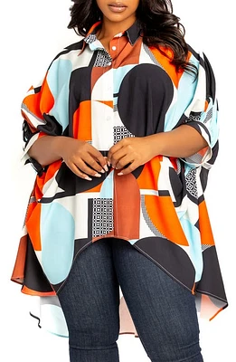 BUXOM COUTURE Mixed Geo Print High-Low Button-Up Shirt Orange Multi at Nordstrom,