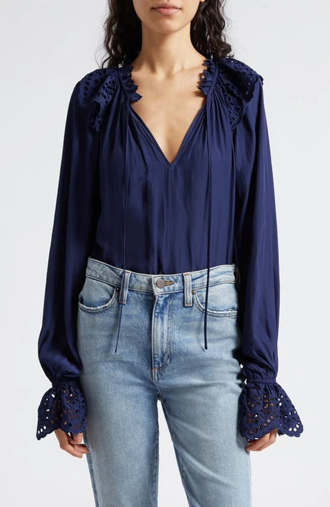 Ramy Brook Lilian Ruffle Eyelet Top Spring Navy at Nordstrom,