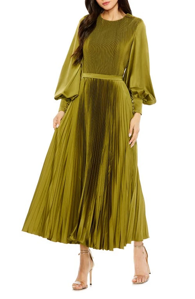 Mac Duggal Long Sleeve Pleated Satin Cocktail Midi Dress Olive at Nordstrom,