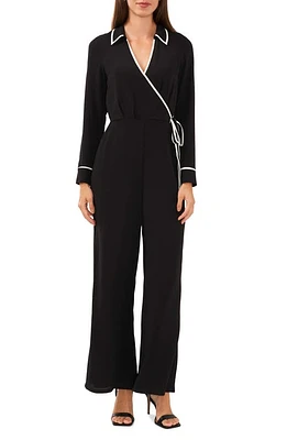 halogen(r) Contrast Piping Long Sleeve Jumpsuit Rich Black at Nordstrom,