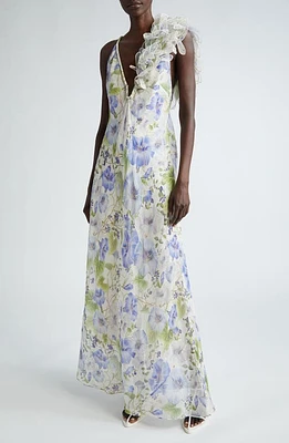 Zimmermann Natura Feather Detail Linen & Silk Gown Blue Floral at Nordstrom,