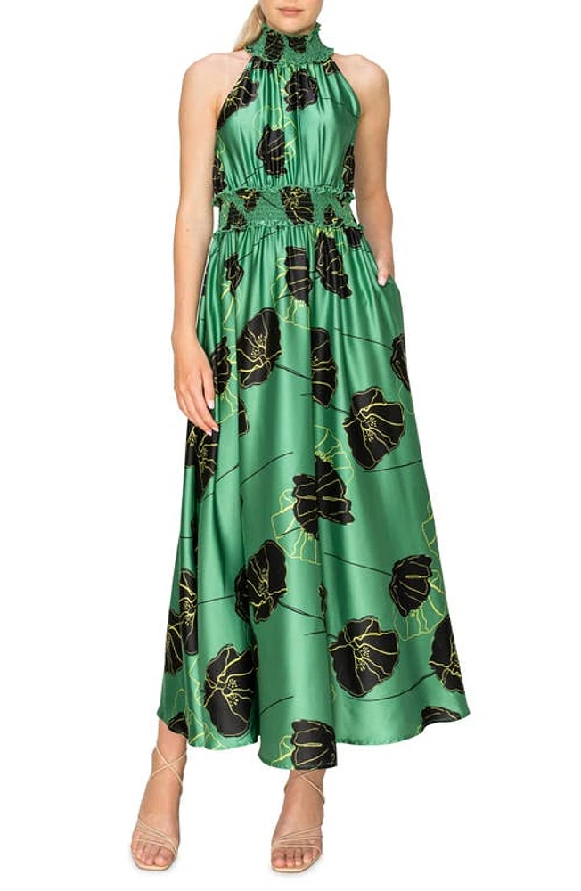 MELLODAY Floral Print Maxi Dress Sage Black at Nordstrom,