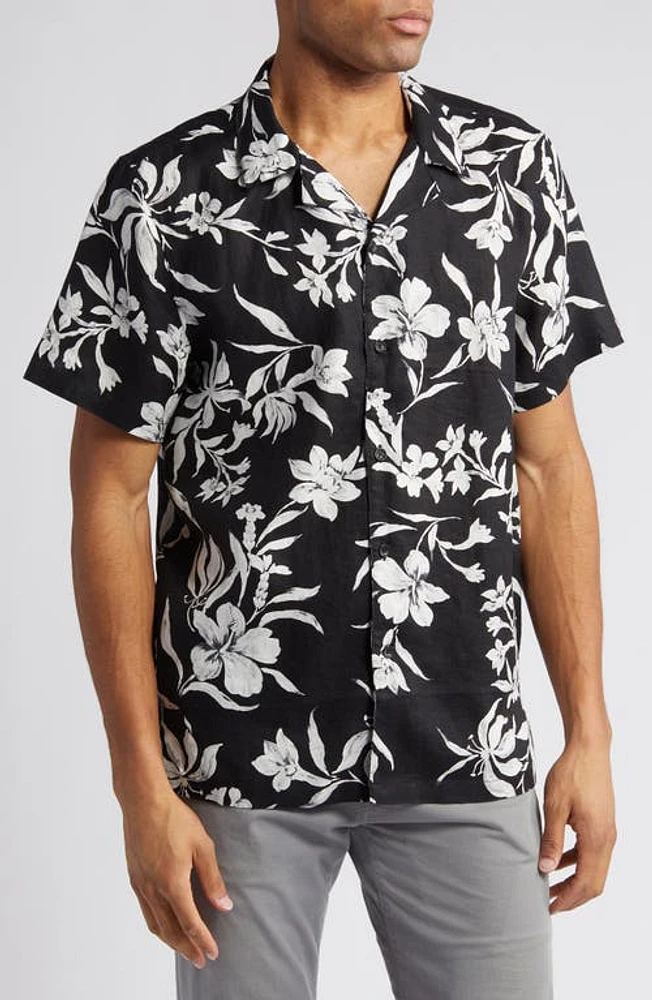 Nordstrom Brushed Floral Short Sleeve Button-Up Linen Camp Shirt at Nordstrom,