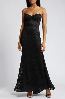 Morgan & Co. Glitter Lace Strapless Mermaid Gown Black at Nordstrom,