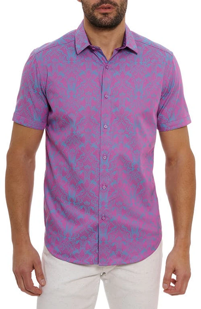 Robert Graham Highland Tapestry Short Sleeve Cotton Jacquard Button-Up Shirt Magenta at Nordstrom,