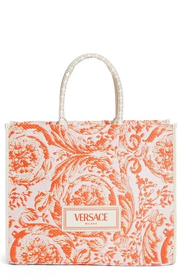 Versace Extra Large Athena Barocco Raffia Tote in Multicolor Ivory Coral Pink at Nordstrom