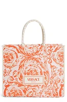 Versace Extra Large Athena Barocco Raffia Tote in Multicolor Ivory Coral Pink at Nordstrom