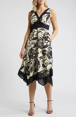 Tahari ASL Floral Handkerchief Hem Cotton Midi Dress Black Sand at Nordstrom,