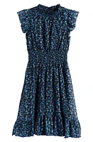 Ava & Yelly Kids' Smocked Cap Sleeve Flounce Hem Dress Black Multi at Nordstrom,