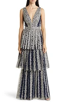 Marchesa Notte Metallic Embroidery Tiered Gown in Navy Gunmetal at Nordstrom, Size 10