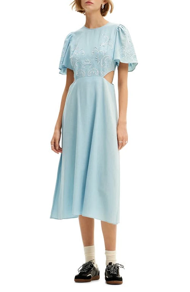 Desigual Embroidered Cutout Cotton & Linen Midi Dress Blue at Nordstrom,