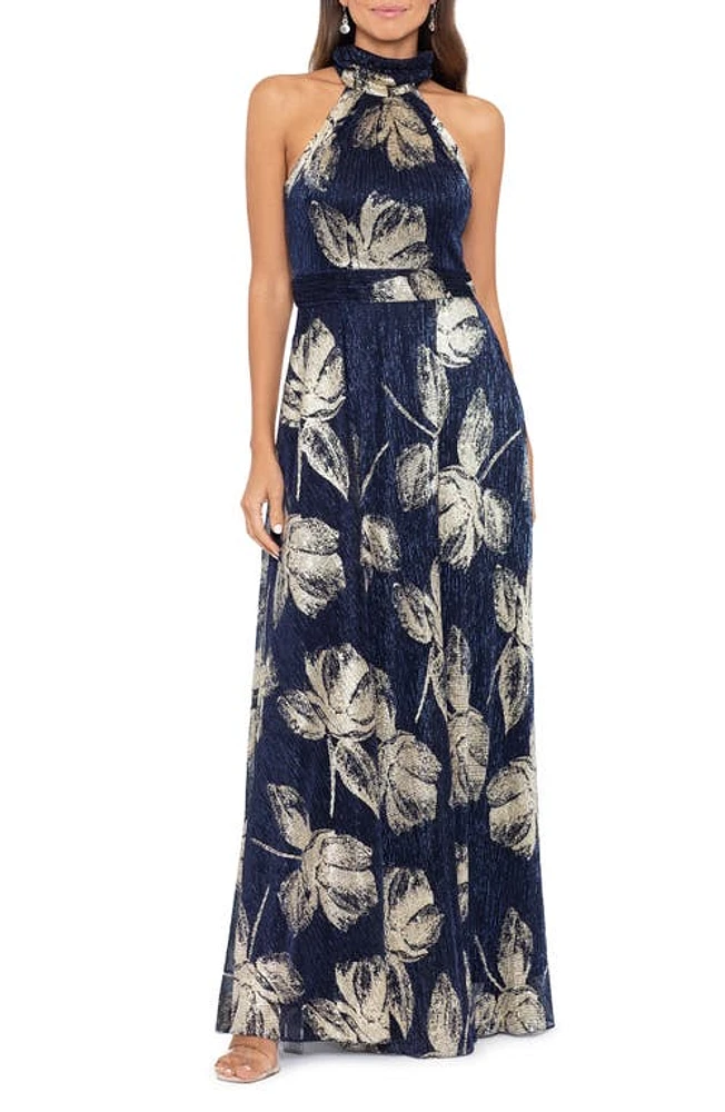 Betsy & Adam Foil Print Sleeveless Gown Navy/Gold at Nordstrom,