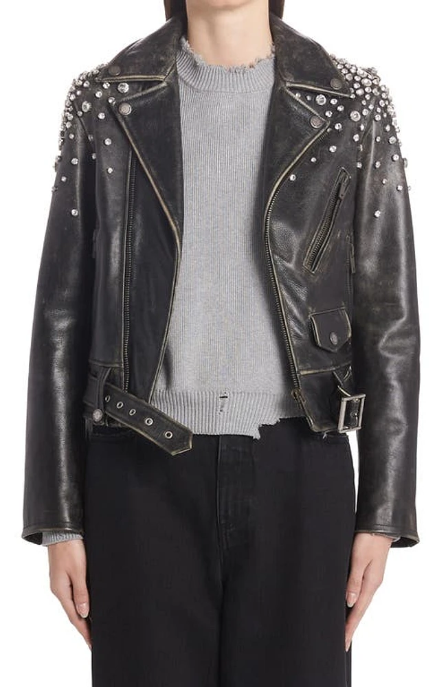 Golden Goose Chiodo Destiny Crystal Embellished Leather Moto Jacket in Black at Nordstrom, Size 6 Us