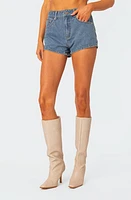 EDIKTED Bow Pocket High Waist Denim Shorts Blue-Washed at Nordstrom,