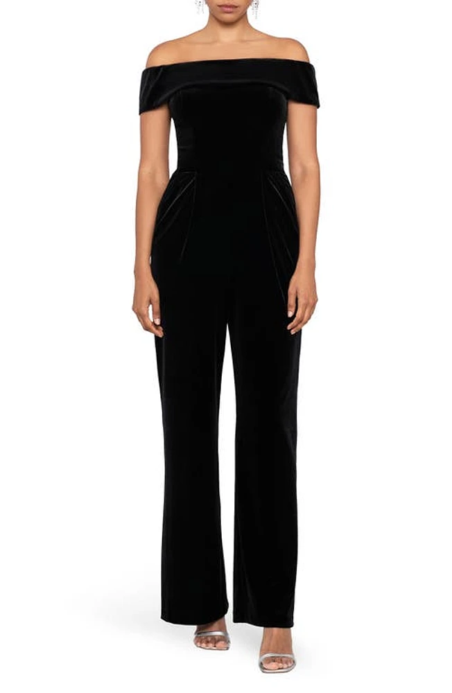 Xscape Evenings Off the Shoulder Velvet Jumpsuit in Black at Nordstrom, Size 6