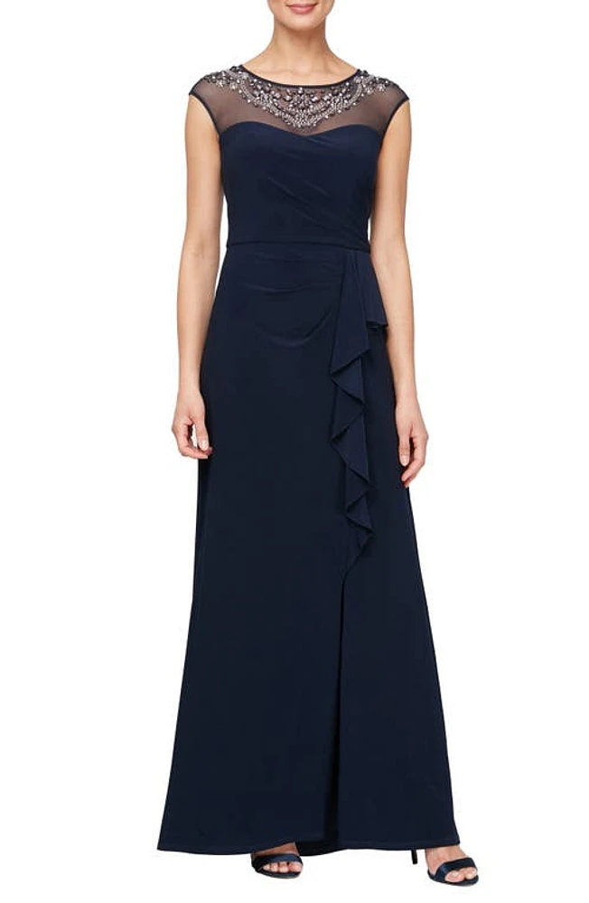 Alex Evenings Embellished Illusion Neck Evening Gown Navy at Nordstrom,