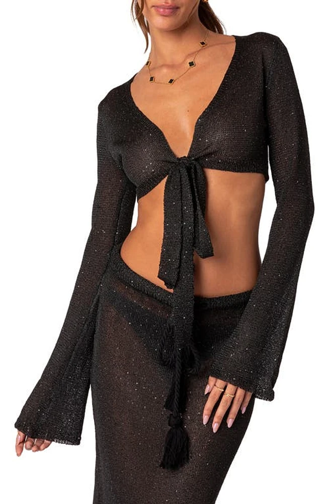 EDIKTED Micro Sequin Tie Front Crop Top Black at Nordstrom,