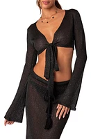 EDIKTED Micro Sequin Tie Front Crop Top Black at Nordstrom,