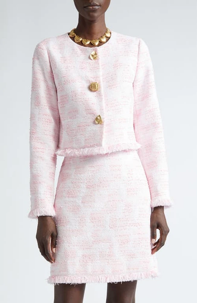 Oscar de la Renta Fringe Trim Tweed Crop Jacket White/Pink at Nordstrom,